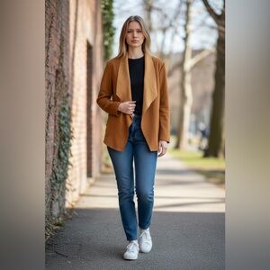 Miaopu Faux Suede Waterfall Collar Open Front Cardigan Jacket with Zip Pockets